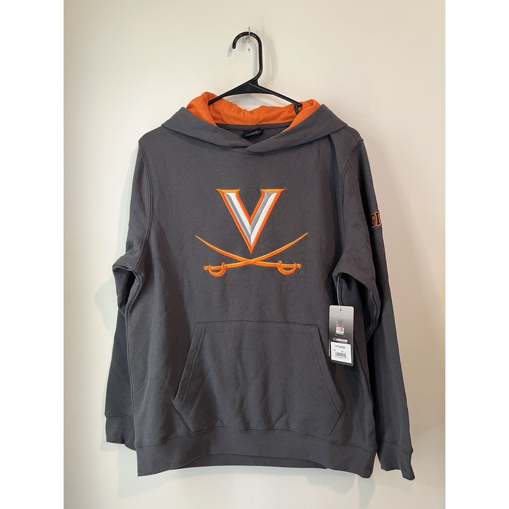 UVA Hoos Embroidered Logo Hoodie pullover Sweatshirt Gray Orange youth large New